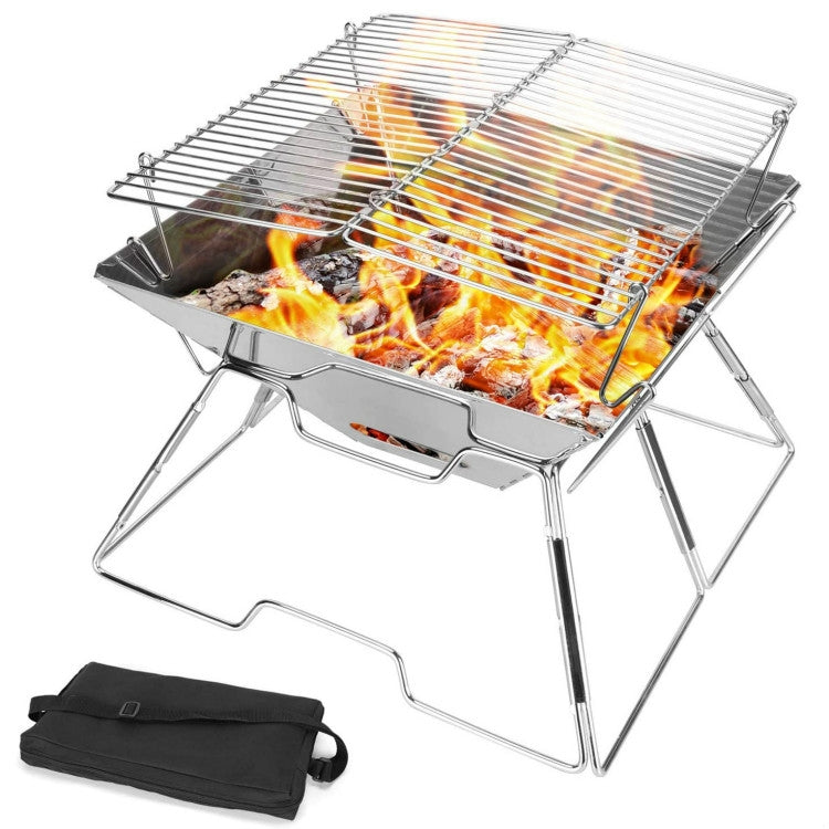 Lisslune | Portable Grill Camping Stainless Steel Folding Grill Wood Charcoal Grill