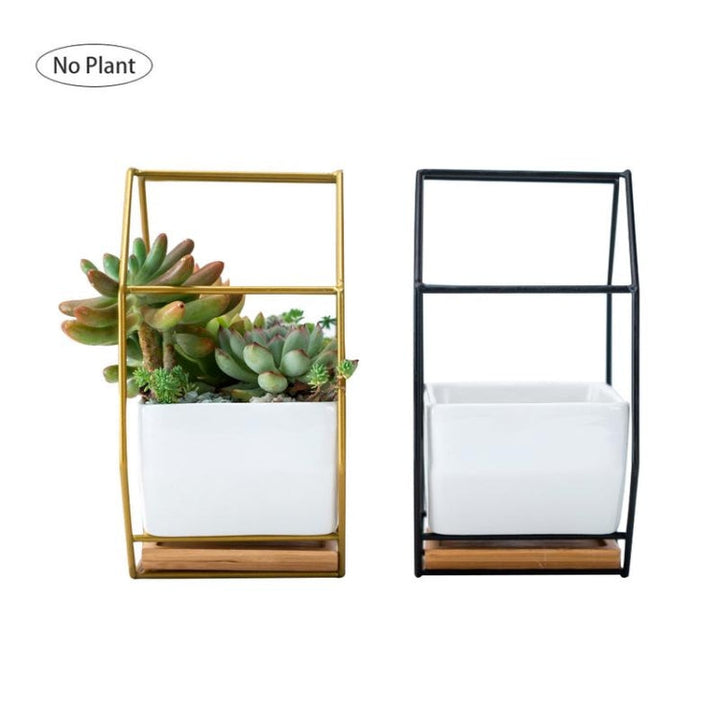 Lisslune | Simple octagonal geometric wall hanging table succulent plate bamboo support iron frame flower pot (black)