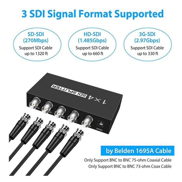 Lisslune | 1 In 4 Out SD-SDI / HD-SDI / 3G-SDI Distribution Amplifier Video SDI Splitter (US Plug)