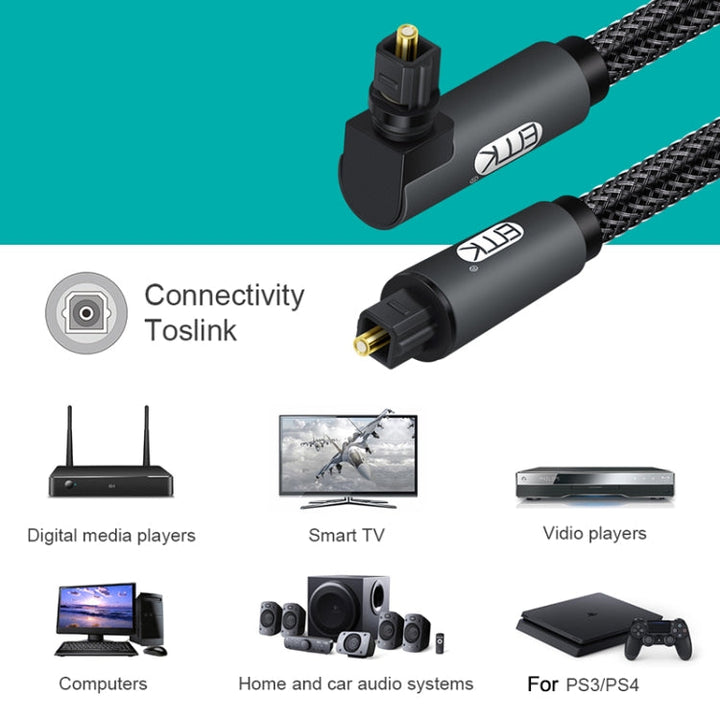 Lisslune | EMK 90 Degree Swivel Adjustable Right Angle 360 Degree Rotatable Plug Nylon Woven Mesh Optical Audio Cable, Cable Length: 8m (Black)