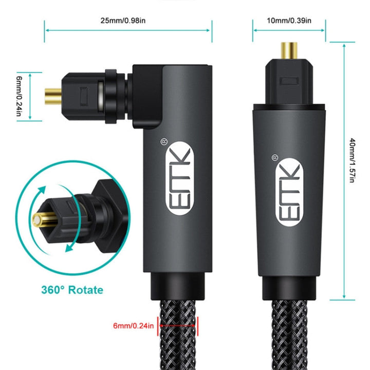 Lisslune | EMK 90 Degree Rotatable Adjustable Right Angle 360 Degree Rotating Plug Nylon Woven Mesh Optical Audio Cable, Cable Length: 10m (Black)