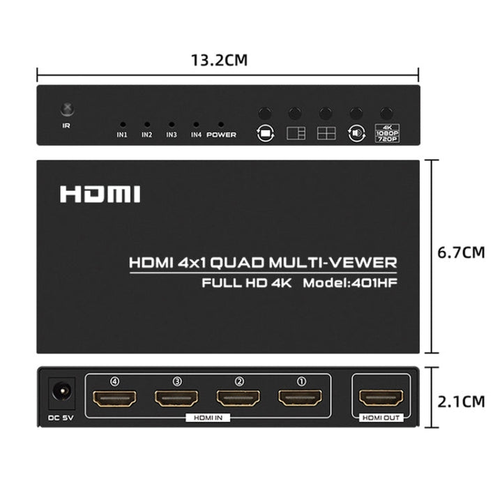 Lisslune | FJGEAR FJ-401HF 4 In 1 Out 4K HDMI Splitter Supports Four Screen Segmentation, Plug Type: EU Plug (Black)