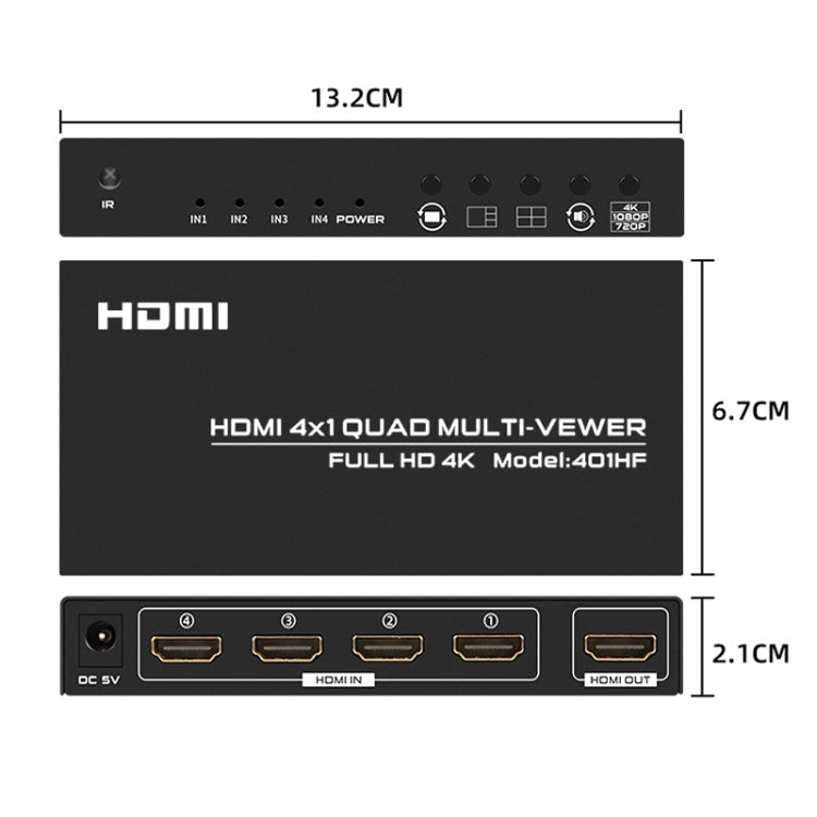 Lisslune | FJGEAR FJ-401HF 4 In 1 Out 4K HDMI Splitter Supports Four Screen Segmentation, Plug Type: US Plug (Black)