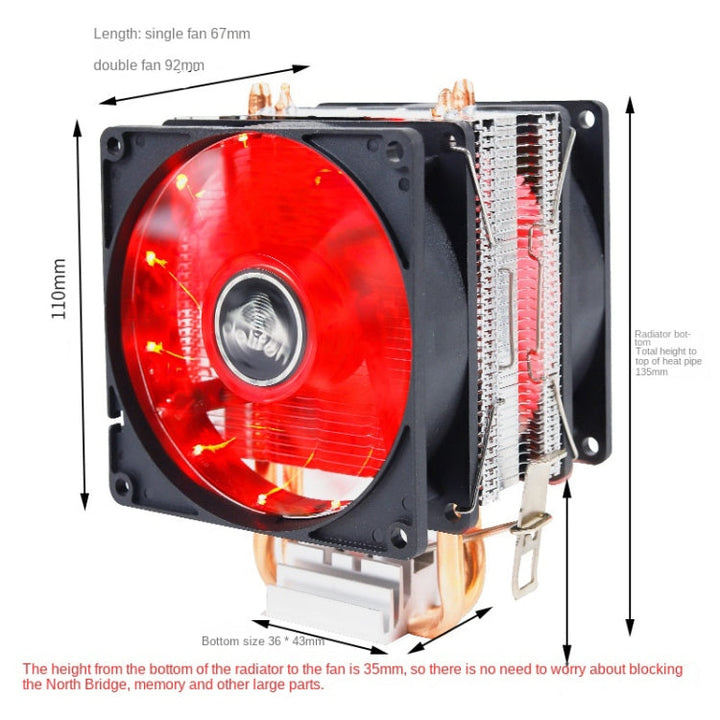 Lisslune | Desktop Computer 6 Copper Pipe CPU Cooler Super Quiet Without Light 3-Pin Dual Fan