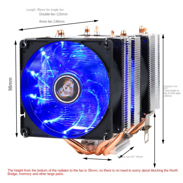 Lisslune | Desktop Computer 6 Copper Tube CPU Cooler Super Quiet Blue Light 3-Pin Dual Fan