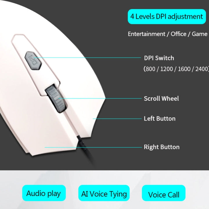 Lisslune | Pcsensor MOS4 4 Buttons 2400DPI Gaming Intelligent Voice Recognition Input Mouse, Cable Length: 1.5m (Mute)
