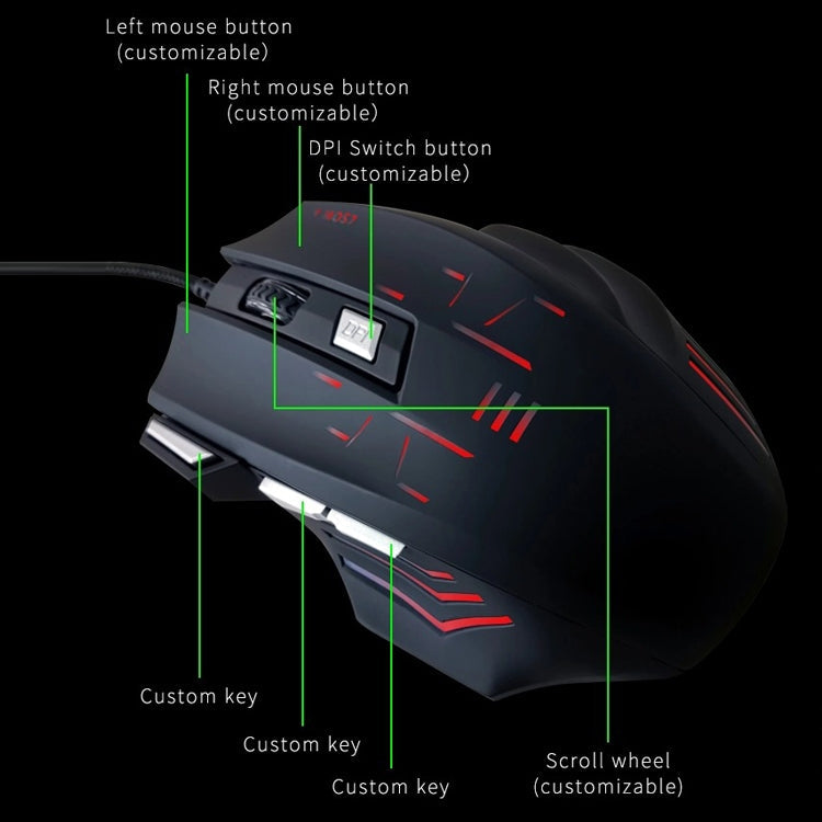 Lisslune | MOS7 7 Keys One-Click Combination Custom Key Combinations Gaming Mice, Cable Length: 2m (Black)