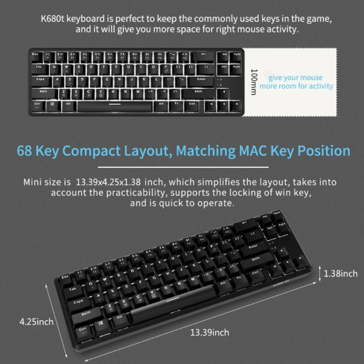 Lisslune | Ajazz K680T Mini USB Wired Dual-mode Charging 68-Key Laptop Bluetooth Mechanical Keyboard, Cable Length: 1.6m, Style: Black Shaft(Black)