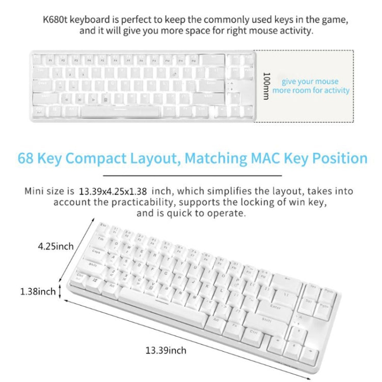 Lisslune | Ajazz K680T Mini USB Wired Dual-mode Charging 68-Key Laptop Bluetooth Mechanical Keyboard, Cable Length: 1.6 m, Style: Black Shaft(White)