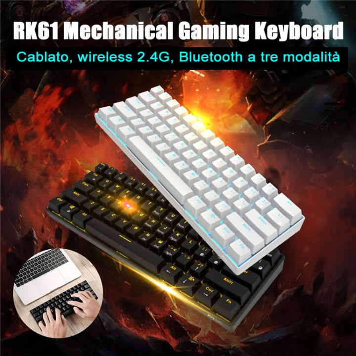 Lisslune | RK61 61 Keys Bluetooth / 2.4G Wireless / USB Wired Three Modes Tablet Mobile Gaming Mechanical Keyboard, Cable Length: 1.5 m, Style: Green Shaft (White)