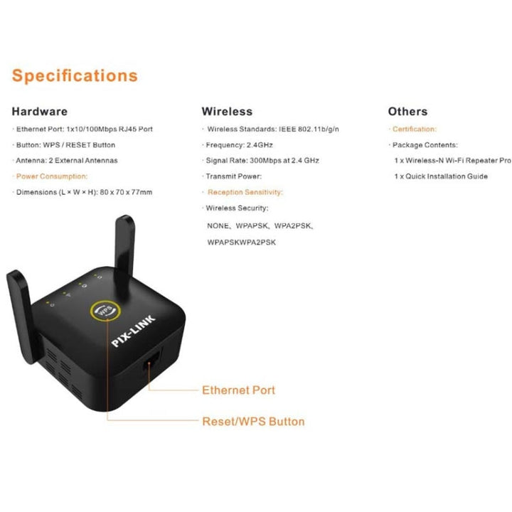 Lisslune | PIX-LINK WR22 300Mbps Wifi Wireless Signal Amplification Improvement Extender, Plug Type: AU Plug (Black)