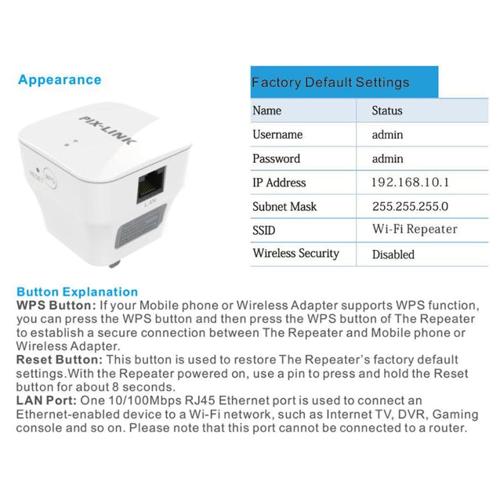 Lisslune | PIXLINK WR12 300Mbps WIFI Signal Booster Improved Repeater, Plug Type: EU Plug