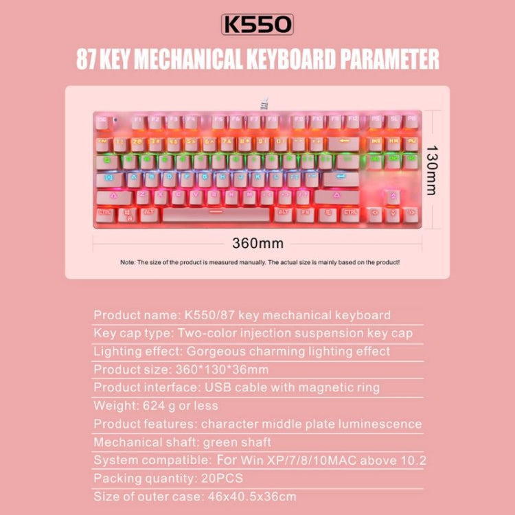 Lisslune | LEAVEN K550 87 Keys Green Shaft Gaming Athletic Office Notebook Punk Mechanical Keyboard, Cable Length: 1.8m (Pink)