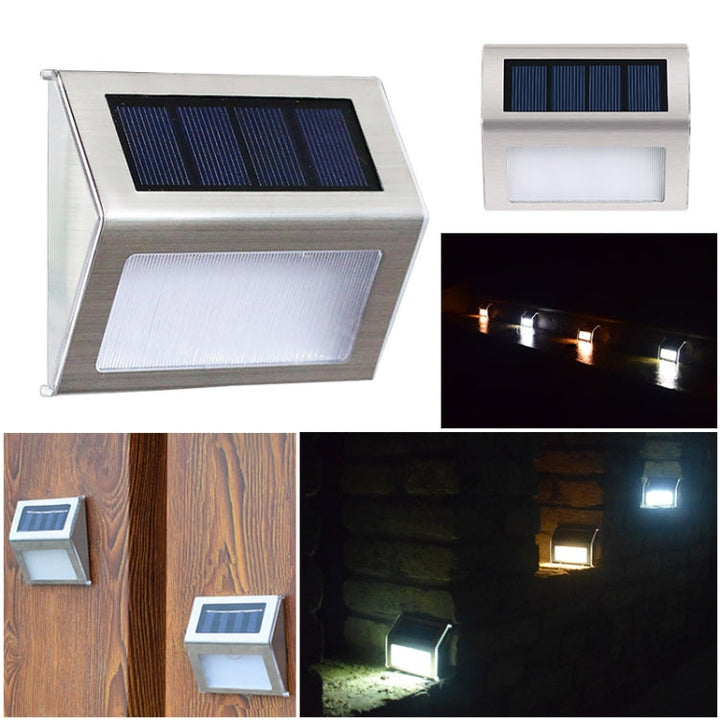 Lisslune | 2PCS Solar Stainless Steel 3 LED Stair Wall Lamp Outdoor Garden Fence Light (White Light)