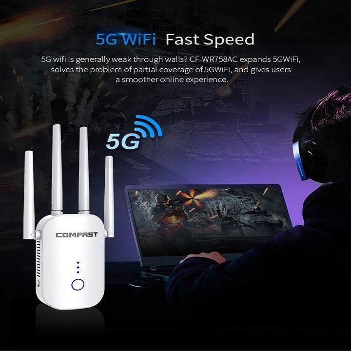 Lisslune | COMFAST CF-WR758AC Dualband 1200Mbps Wireless Repeater 5.8G WIFI Signal Amplifier, CN Plug