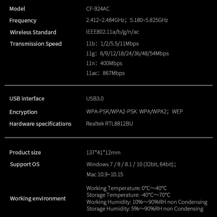 Lisslune | COMFAST CF-924AC V2 1200Mbps Dual-Band Gigabit USB Computer WIFI Receiver High-Performance Wireless Network Card