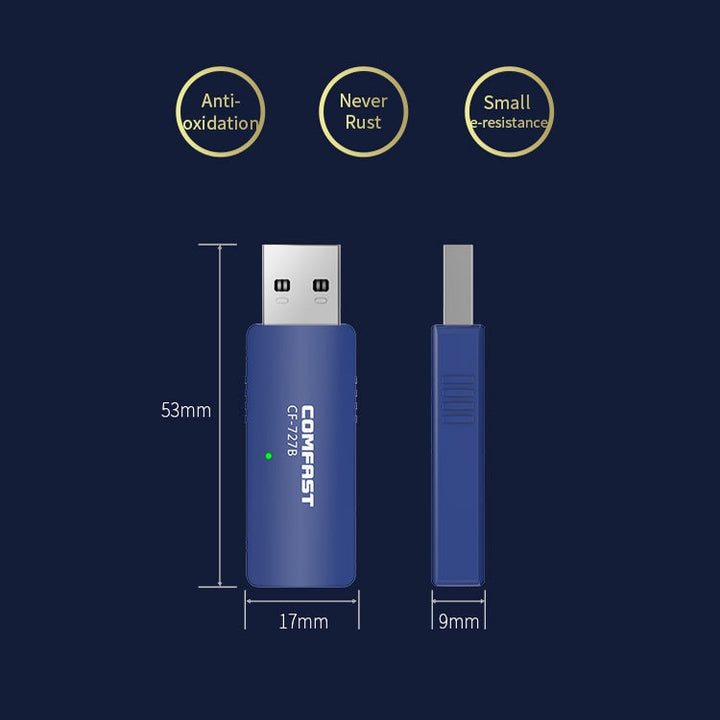 Lisslune | COMFAST CF-727B 1300Mbps Dual-Frequency Gigabit USB Desktop Transmitter Receiver Portable Bluetooth V4.2 + WiFi Wireless Network Adapter