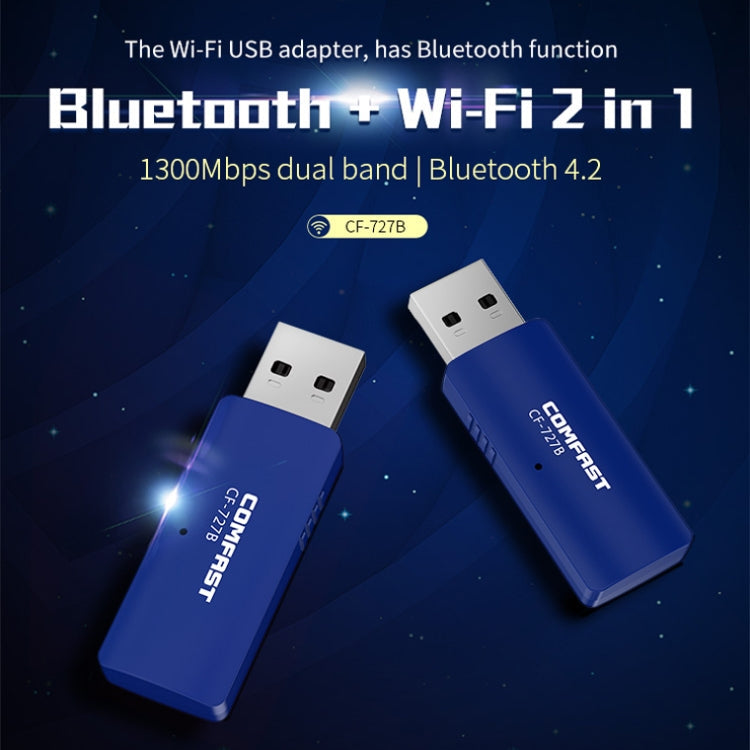 Lisslune | COMFAST CF-727B 1300Mbps Dual-Frequency Gigabit USB Desktop Transmitter Receiver Portable Bluetooth V4.2 + WiFi Wireless Network Adapter