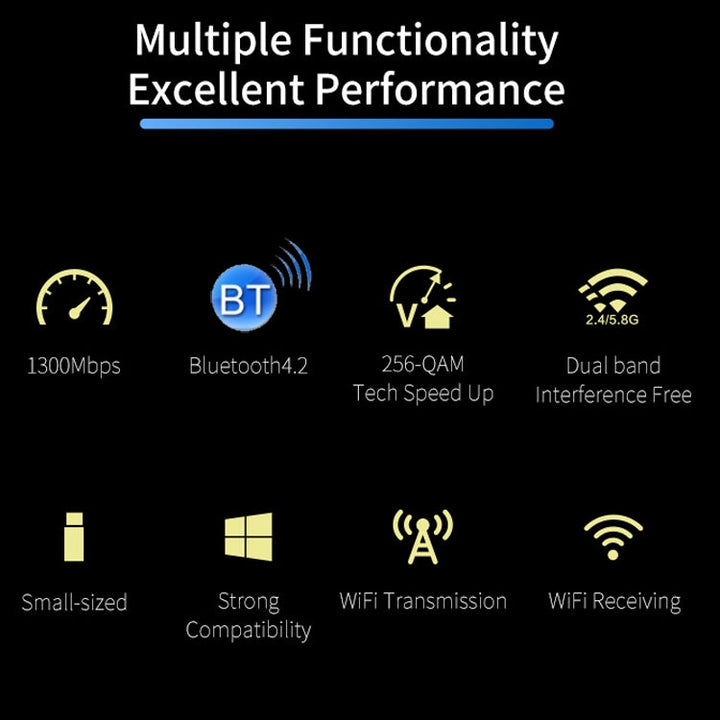 Lisslune | COMFAST CF-727B 1300Mbps Dual-Frequency Gigabit USB Desktop Transmitter Receiver Portable Bluetooth V4.2 + WiFi Wireless Network Adapter
