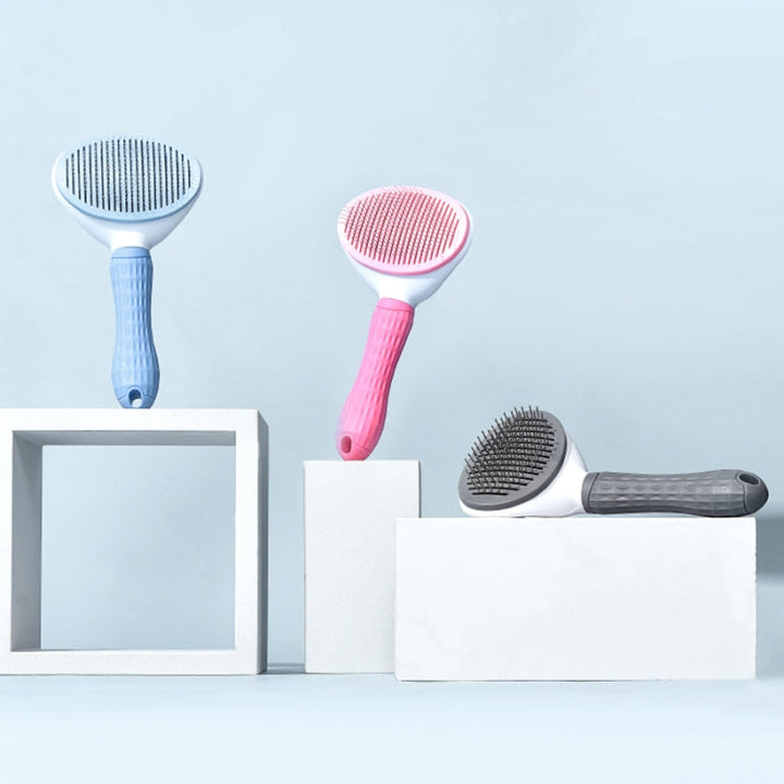 Stainless steel needle automatic cleaning pet hair removal dog brush pet comb (Pink thick needle)