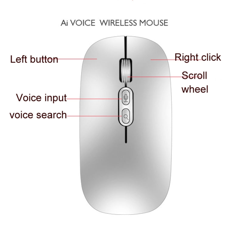 Lisslune | M103 1600DPI 5 Buttons 2.4G Wireless Mouse Charging Ai Intelligent Voice Office Mouse, Supports 28 Languages (Silver)