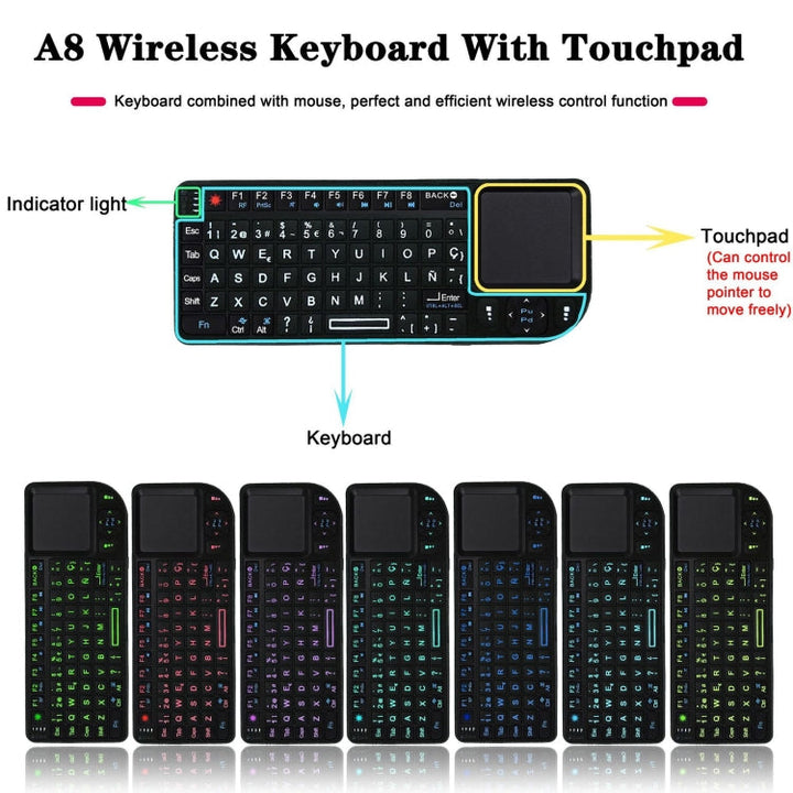 Lisslune | A8 Mini Wireless Mouse and Keyboard with Laser Touchpad Keyboard, Color: English Colored Backlighting