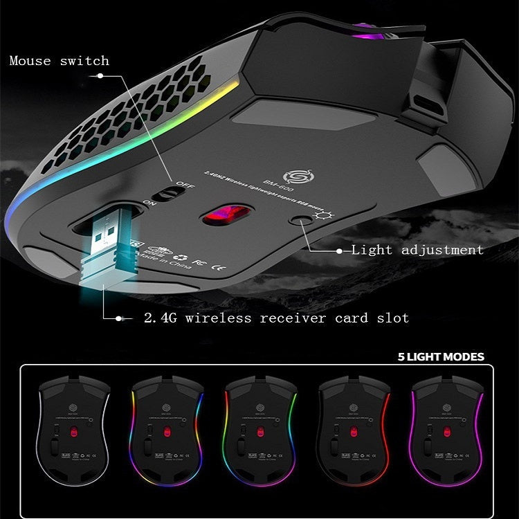 Lisslune | K-Snake BM600 1600 DPI 7-Button Hollow Lightweight Wireless Charging RGB Color Gaming Mouse (Wireless BM600 Black)