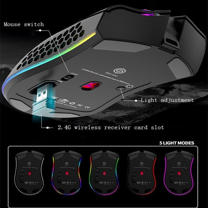Lisslune | K-Snake BM600 1600 DPI 7-Button Hollow Lightweight Wireless Charging RGB Color Gaming Mouse (Wireless BM600 Black)