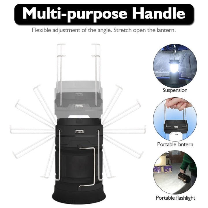 Lisslune | LED Tent Light Solar Rechargeable Camping Lamp Expandable Multifunctional Lantern, Supports USB Output, EU Plug (Blue)