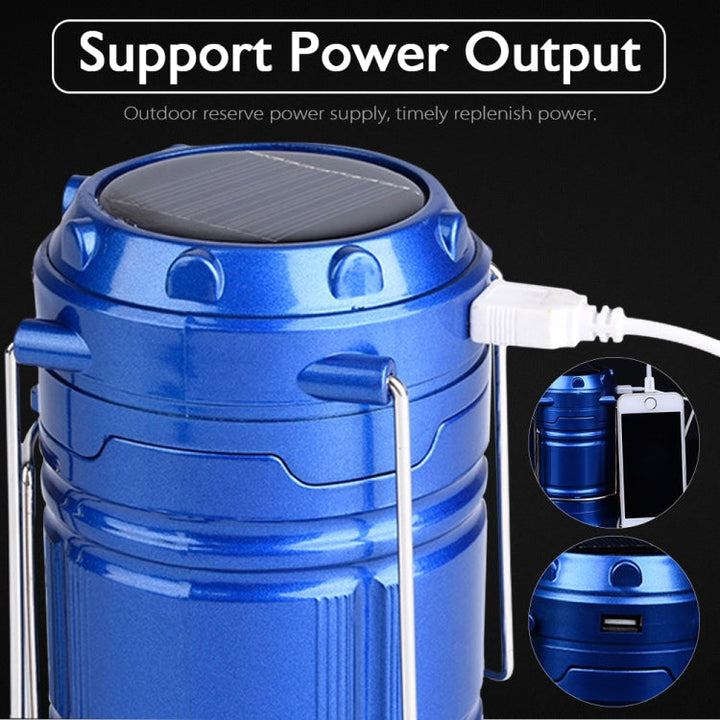 Lisslune | LED Tent Light Solar Rechargeable Camping Lamp Expandable Multifunctional Lantern, Supports USB Output, EU Plug (Blue)