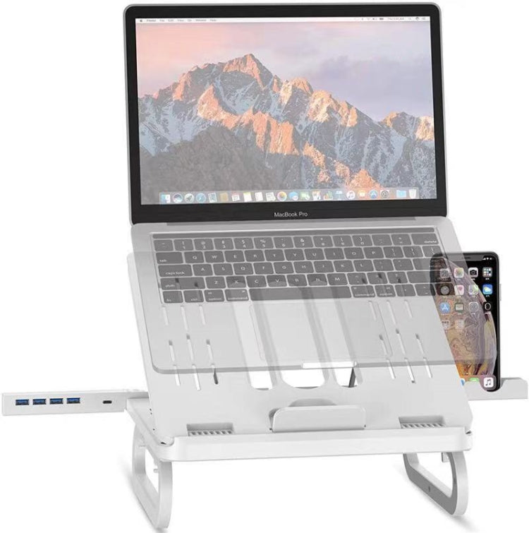 Lisslune | A23 Folding Laptop Stand with 10-Speed Adjustment Computer Cooling Lever Stand, Color: Removable Accessories 3.0HUB (White)