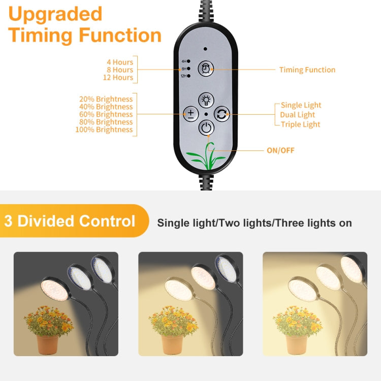 Lisslune | LED Plant Growth Lamp USB Remote Control Clip Waterproof Full Spectrum Natural White Seedling Plant Light, Power: 45W Three Heads
