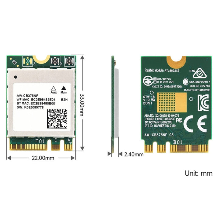 Lisslune | Waveshare 24780 AW-CB375NF 2.4G/5GHz Dual-Band WiFi 5 Wireless NIC, RTL8822CE-CG Core, Supports BLE