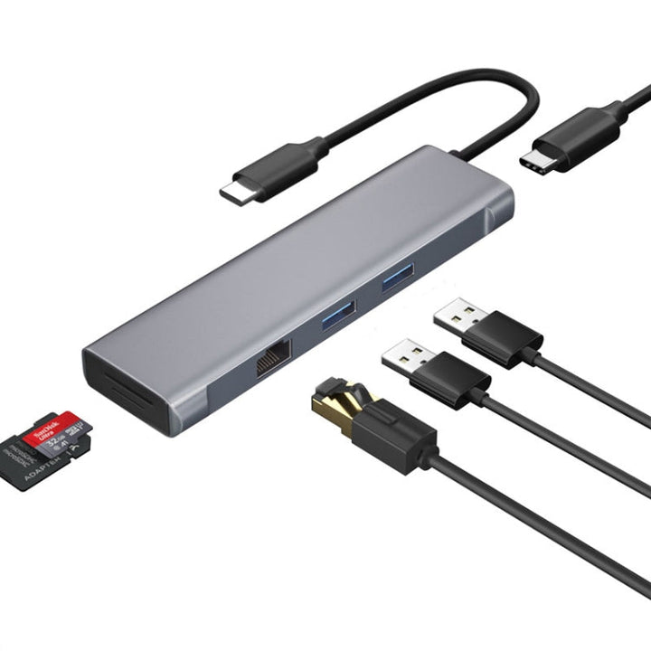 Lisslune | T1901 Type-C Docking Station Multifunction Adapter HD Media Interface + RJ45 + USB3.0 X 2 + SD + TF Multifunction Hub (6 in 1 Silver Gray)