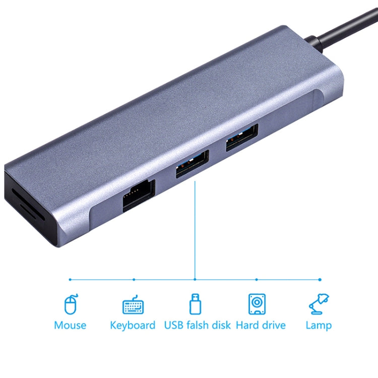 Lisslune | T1901 Type-C Docking Station Multifunction Adapter HD Media Interface + RJ45 + USB3.0 X 2 + SD + TF Multifunction Hub (6 in 1 Silver Gray)