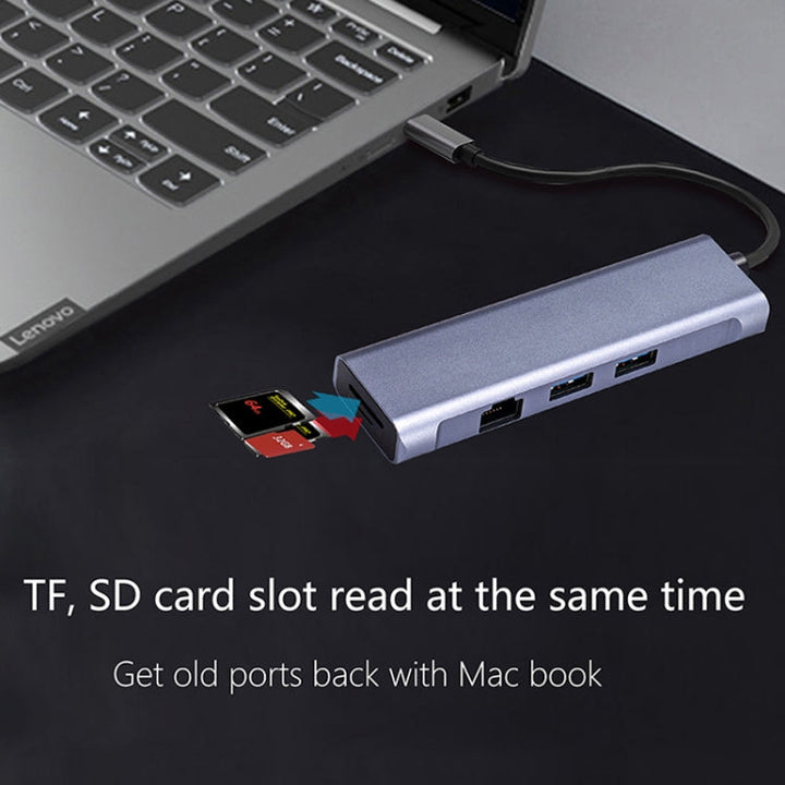 Lisslune | T1901 Type-C Docking Station Multifunction Adapter HD Media Interface + RJ45 + USB3.0 X 2 + SD + TF Multifunction Hub (6 in 1 Silver Gray)