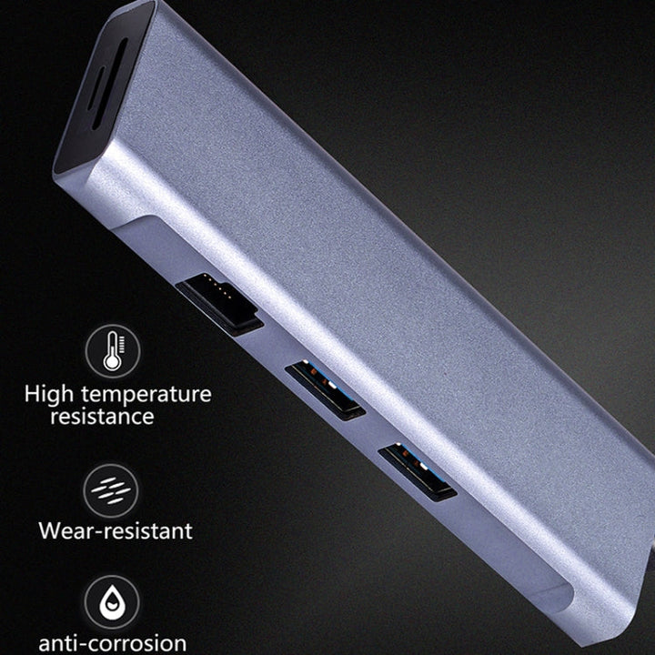 Lisslune | T1901 Type-C Docking Station Multifunction Adapter HD Media Interface + RJ45 + USB3.0 X 2 + SD + TF Multifunction Hub (6 in 1 Silver Gray)