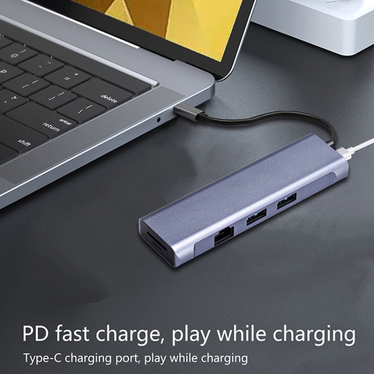 Lisslune | T1901 Type-C Docking Station Multifunction Adapter HD Media Interface + RJ45 + USB3.0 X 2 + SD + TF Multifunction Hub (6 in 1 Silver Gray)