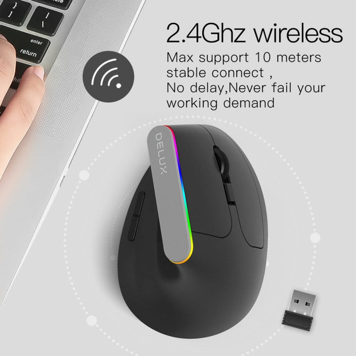 Lisslune | DELUX M618C 6 Buttons 1600 DPI RGB Vertical Wireless Bluetooth Dual-Mode Mouse (Black)
