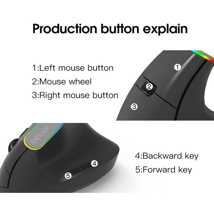 Lisslune | DELUX M618C 6 Buttons 1600 DPI RGB Vertical Wireless Bluetooth Dual-Mode Mouse (Black)