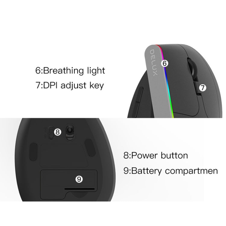 Lisslune | DELUX M618C 6 Buttons 1600 DPI RGB Vertical Wireless Bluetooth Dual-Mode Mouse (Black)