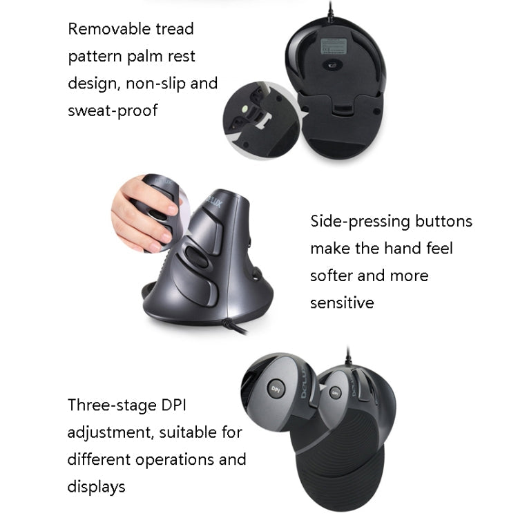 Lisslune | DELUX M618 6-Button Vertical Handheld Mouse Ergonomic Wired Mouse, Cable Length: 1.5m (Black)