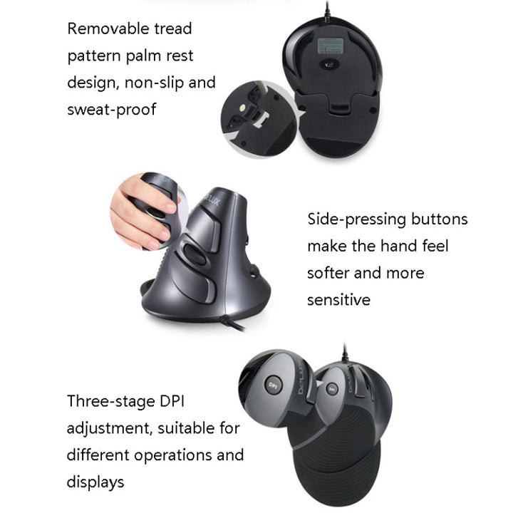 Lisslune | DELUX M618 6-Button Vertical Handheld Mouse Ergonomic Wired Mouse, Cable Length: 1.5m (Black)