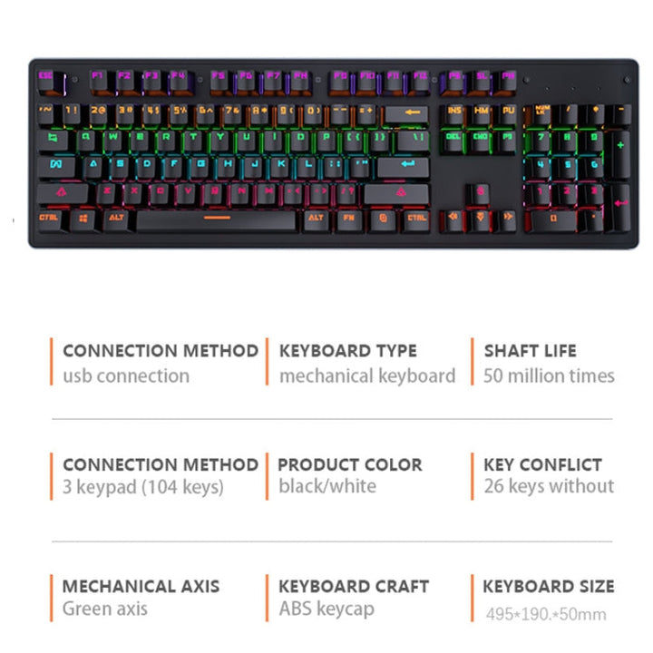 Lisslune | LEAVEN K880 104 Keys Gaming Green Axis Office Computer Wired Mechanical Keyboard, Cable Length: 1.6m (White)