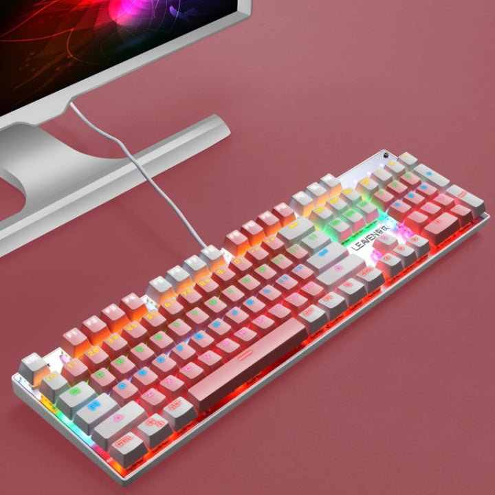 Lisslune | 104 Keys Green Shaft RGB Illuminated Keyboard Computer Game USB Wired Metal Mechanical Keyboard, Cable Length: 1.5m, Style: Dual Layer Design (White Pink)
