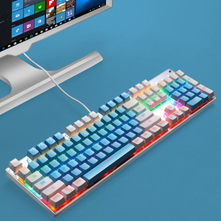 Lisslune | 104 Keys Green Shaft RGB Illuminated Keyboard Computer Gaming USB Wired Metal Mechanical Keyboard, Cable Length: 1.5m, Style: Double Cover Version (Blue White)