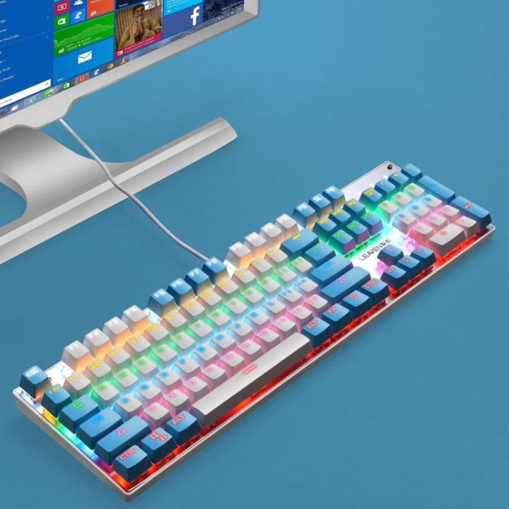 Lisslune | 104 keys green shaft RGB glowing keyboard computer game USB wired metallic mechanical keyboard, Cable length: 1.5 m, Style: double-imposition version (White Blue)