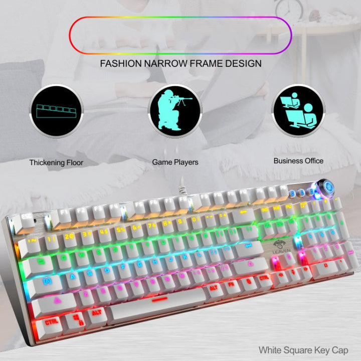 Lisslune | LEAVEN K990 Button Version 104 Keys Office Computer Game Mechanical Green Switch Wired Keyboard, Cable Length:1.8m(white)