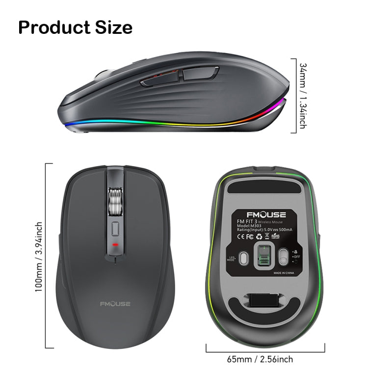 Lisslune | Fmouse M303 2400DPI Bluetooth&2.4G Dual Modes rechargeable RGB mouse (Black)