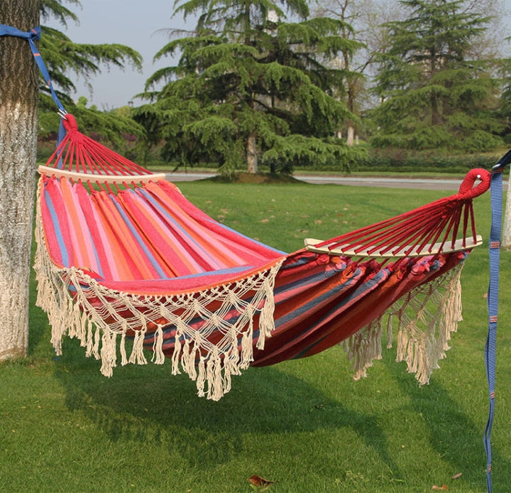 Lisslune | 200x150cm Double Outdoor Camping Tassel Canvas Hammock with Rod (Pink Stripes)
